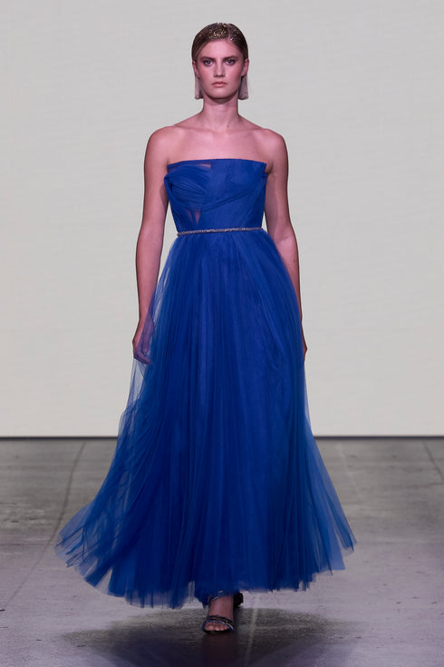 STRAPLESS, DRAPE DETAILED TULLE DRESS
