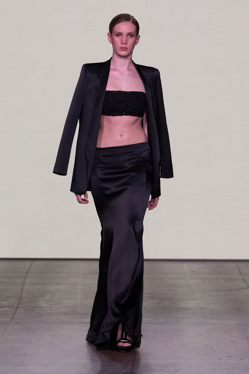 LOW WAIST, FISH FORM SKIRT, EMBROIDERED BODYSUIT AND JACKET