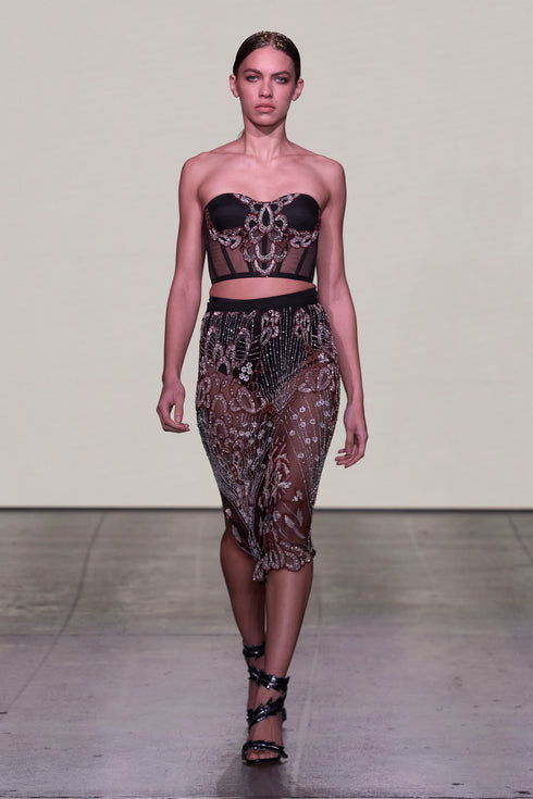 MIDI LENGTH SKIRT WITH PULLEY EMBROIDERY AND BRAS FORM BÜSTİER