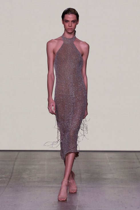 HALTER NECK, EMBROIDERED MIDI DRESS