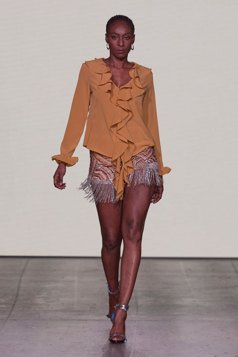 SHIRT WITH VOLAN DETAILED COLLAR AND EMBROIDERED BEADED FRINGE DETAILED SHORTS