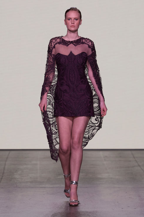 LACE CAPE DETAILED MINI DRESS