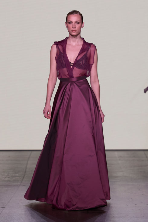 SILK SHIRT AND SILK TAFFETA SKIRT OVER EMBROIDERED BALL