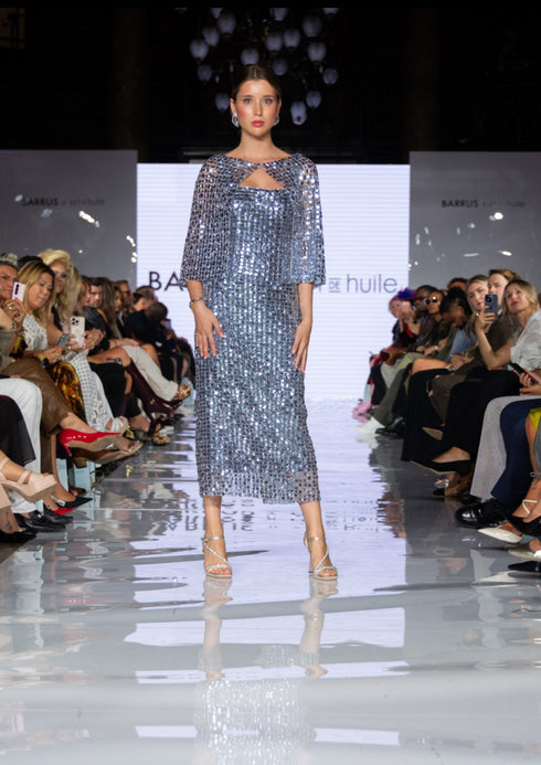 Silver & Blue Sequin Midi Dress with Draped Back