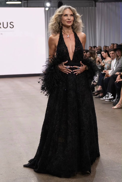 Midnight Feather Halter Gown