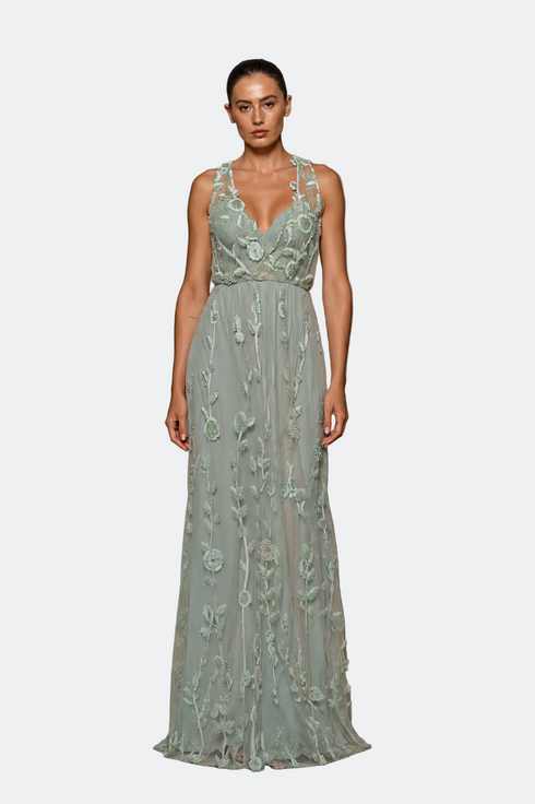 Soft Green V Neck Embroidered Dress