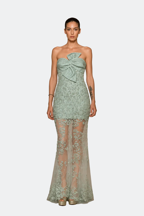 Embroidered Dress With Chest Bow Detail