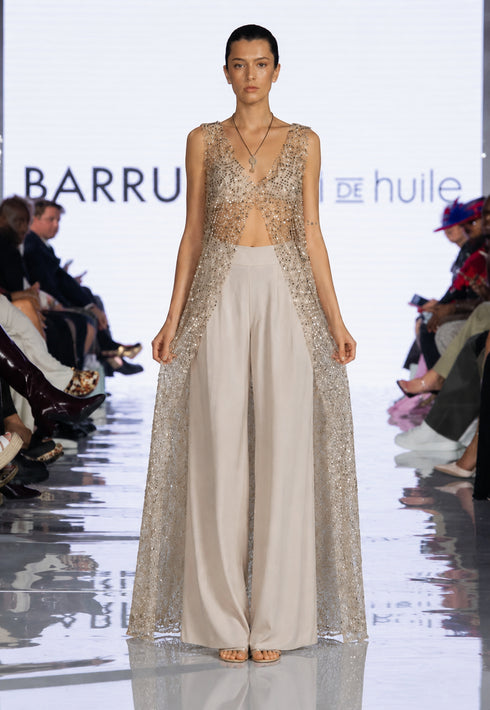 Embellished Longline Sheer Overlay with Crepe Trousers