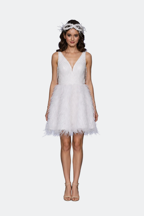 Mini Dress With Feathered Skirt And Bead Fringed From Shoulder