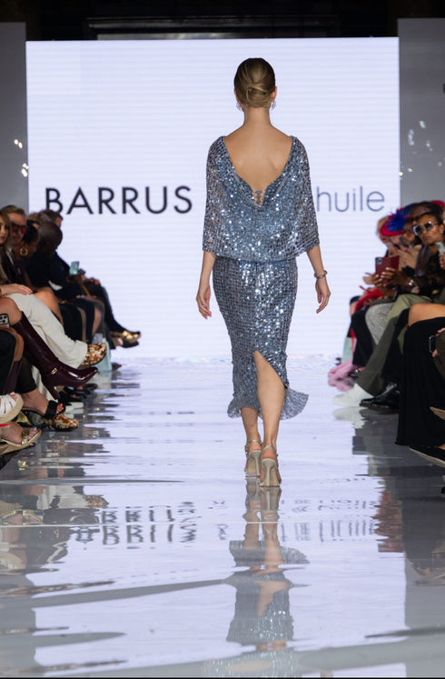 Silver & Blue Sequin Midi Dress with Draped Back