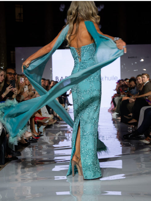 Embellished Turquoise Gown with Flowing Cape
