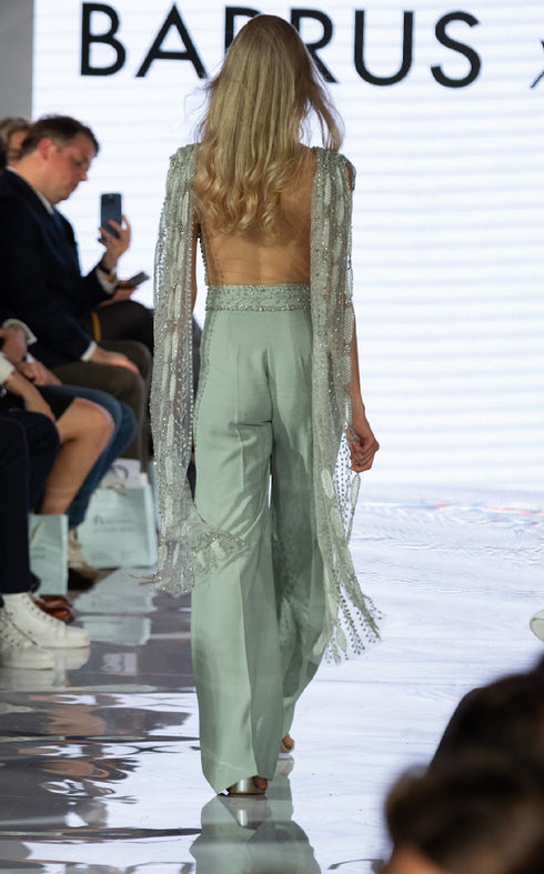 Embellished Mint Jumpsuit with Beaded Cape