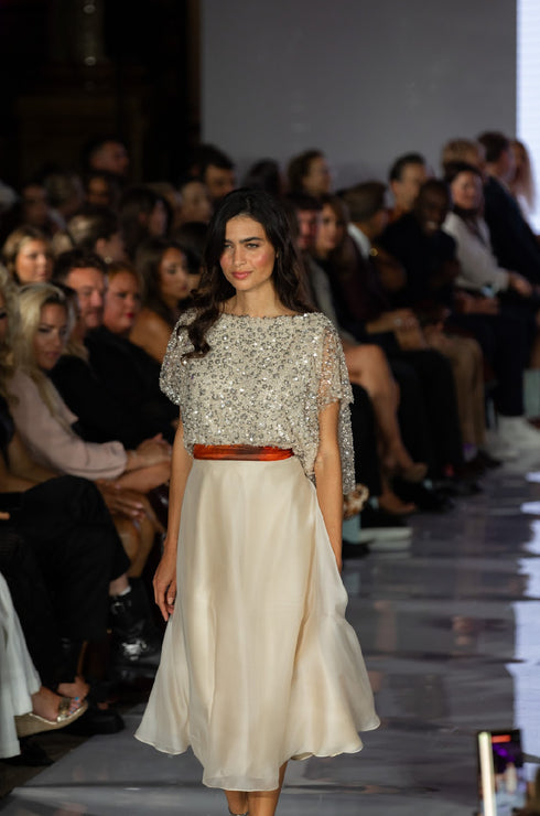 Embellished Blouse & Silk Midi Skirt Set