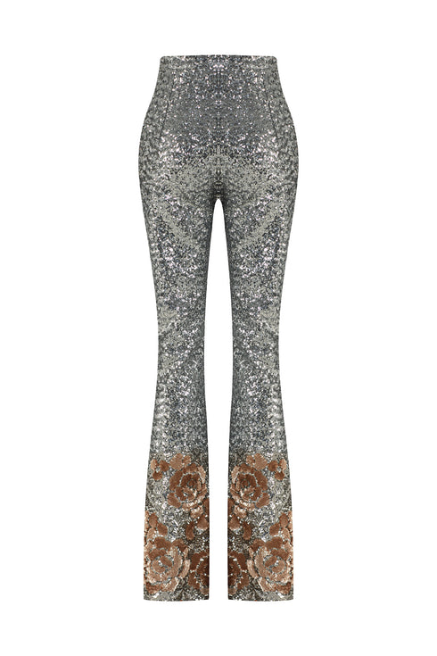SILVER SEQUIN HIGH WAIST FLARED TROUSERS