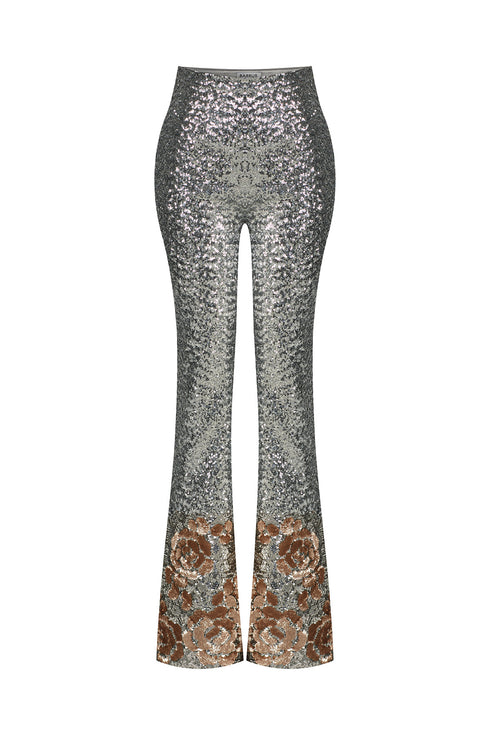 SILVER SEQUIN HIGH WAIST FLARED TROUSERS