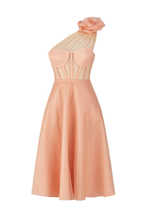 MERY PLEAT TULLE FLOWER DETAILED MIDI DRESS