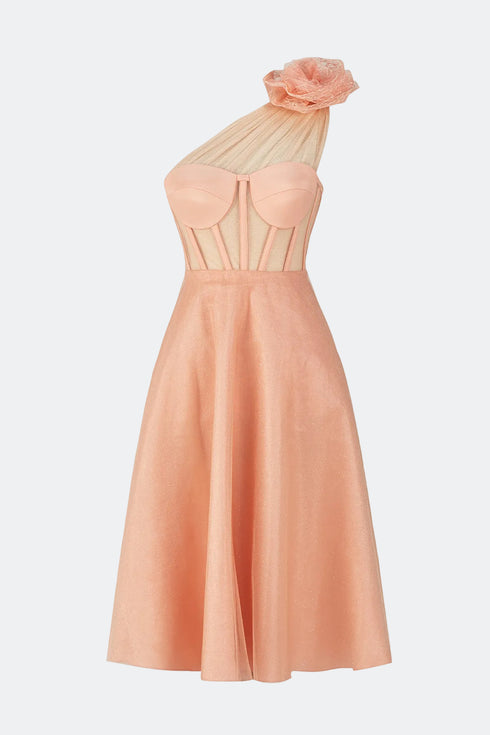 Mery Pleat Tulle Flower Detailed Midi Dress