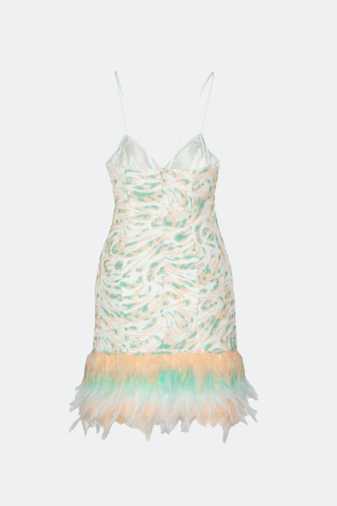 Sequined V Neck Fur Detailed Mini Dress
