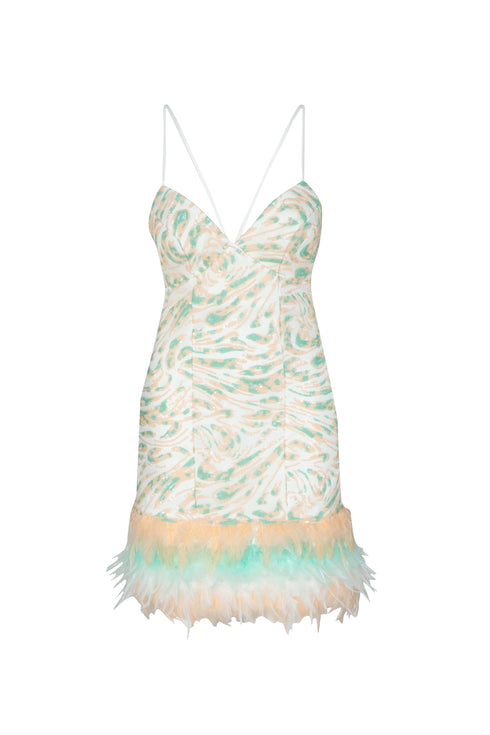 Sequined V Neck Fur Detailed Mini Dress