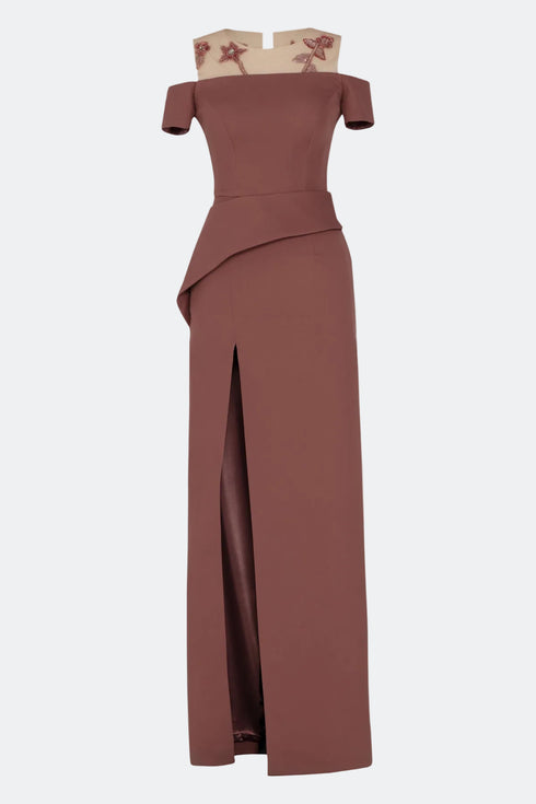 One Leg Slit Dress With Peplum Detail