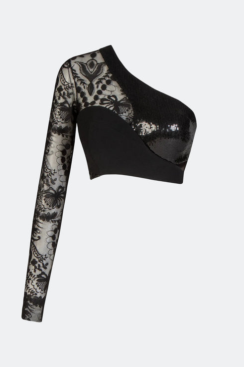 One Shoulder Sequin Fabric Detailed Top