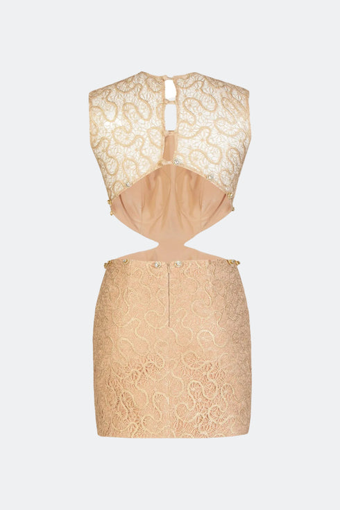 Stone Detailed Lace Mini Dress With Back Decollete