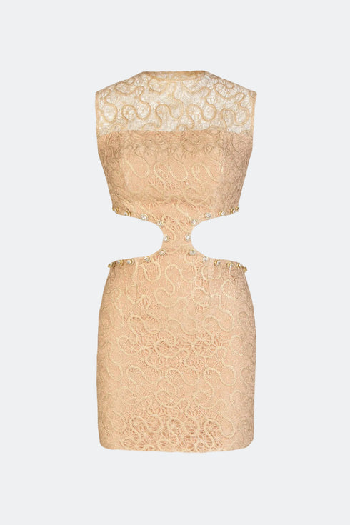 Stone Detailed Lace Mini Dress With Back Decollete