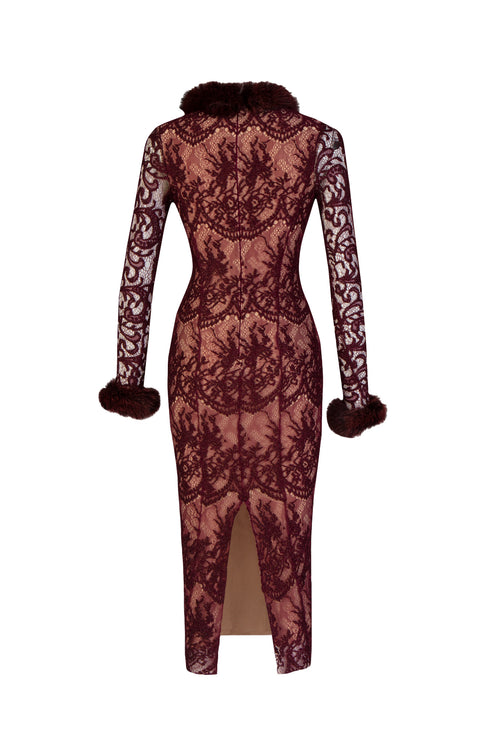 Fur Detailed Lace Midi Pencil Dress