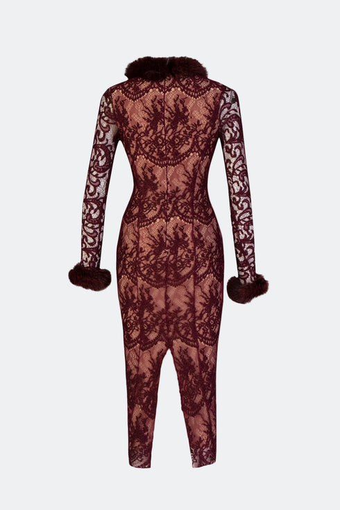 Fur Detailed Lace Midi Pencil Dress