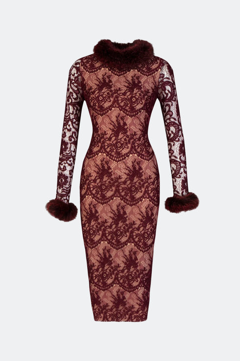 Fur Detailed Lace Midi Pencil Dress