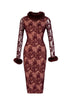 Fur Detailed Lace Midi Pencil Dress