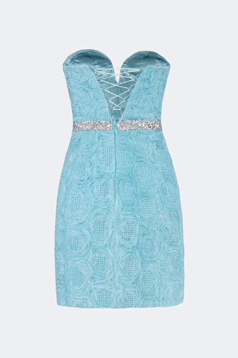 Belt Detailed Strapless Light Blue Mini Dress