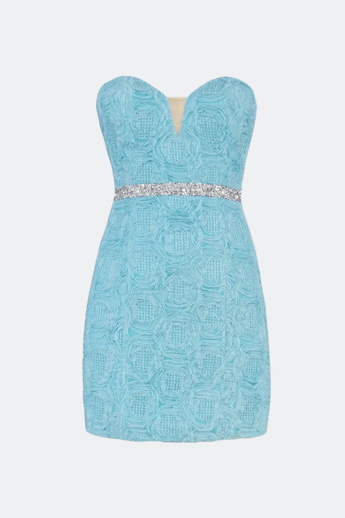Belt Detailed Strapless Light Blue Mini Dress