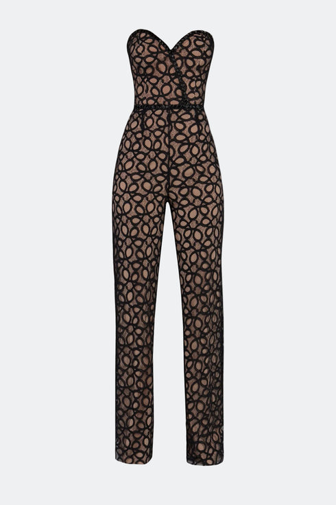 Heart Neck Striped Wide Leg Overall With Lace Detail
