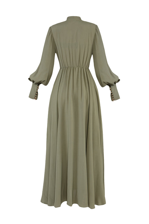 Balloon Sleeve Snap Closure Deep Slit Long Dress