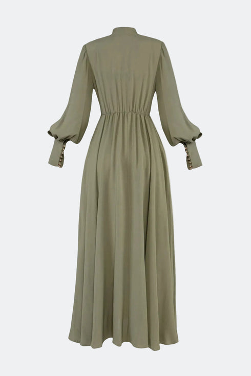 Balloon Sleeve Snap Closure Deep Slit Long Dress