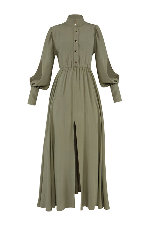 Balloon Sleeve Snap Closure Deep Slit Long Dress