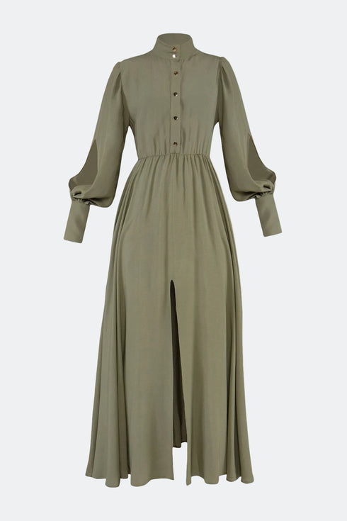 Balloon Sleeve Snap Closure Deep Slit Long Dress