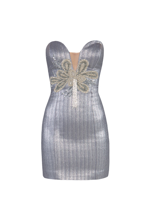 Stone Embroidered Heart Neck Mini Dress