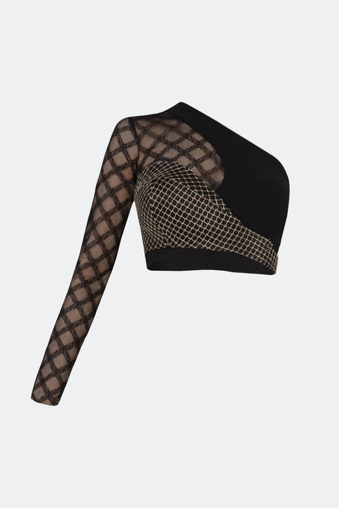 One Shoulder Square Pattern Detailed Top