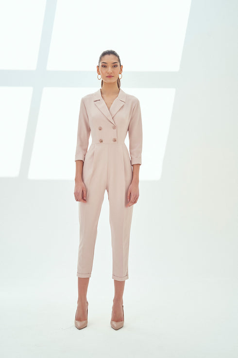 V NECK DOUBLE BREASTED JUMPSUIT POWDER - Barrus London