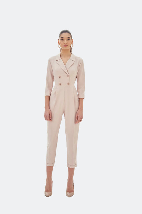 V NECK DOUBLE BREASTED JUMPSUIT POWDER - Barrus London