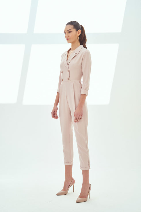 V NECK DOUBLE BREASTED JUMPSUIT POWDER - Barrus London