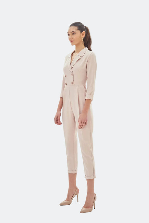 V NECK DOUBLE BREASTED JUMPSUIT POWDER - Barrus London