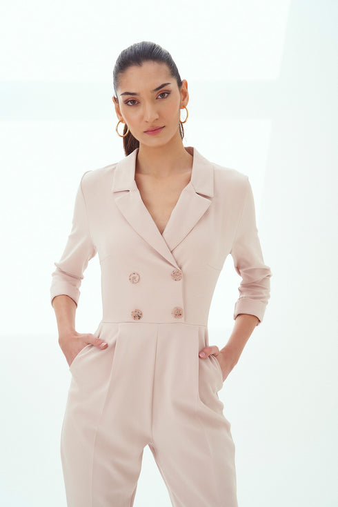 V NECK DOUBLE BREASTED JUMPSUIT POWDER - Barrus London