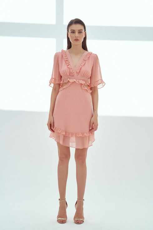 V NECK, MINI DRESS WITH RUFFLE DETAILED - Barrus London