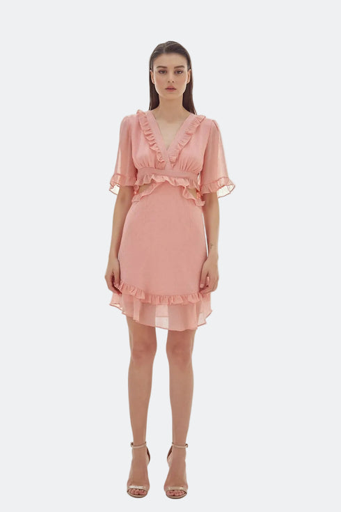 V NECK, MINI DRESS WITH RUFFLE DETAILED - Barrus London