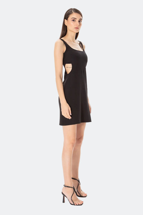 Square Collar Cut Out Black Mini Dress