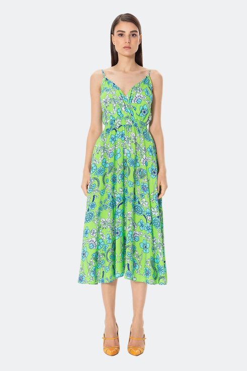 Floral Patterned V-Neck Midi Dress With Pockets