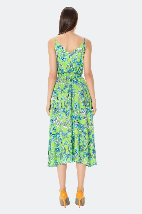 Floral Patterned V-Neck Midi Dress With Pockets